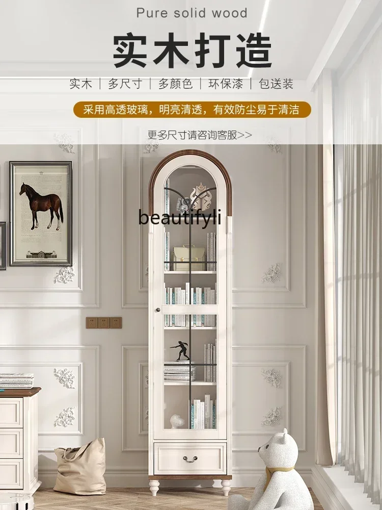 

1184merican Light Luxury Retro Ultra Narrow Single Door Double Door Bookcase Solid Wood with Arch Glass Door Shelf