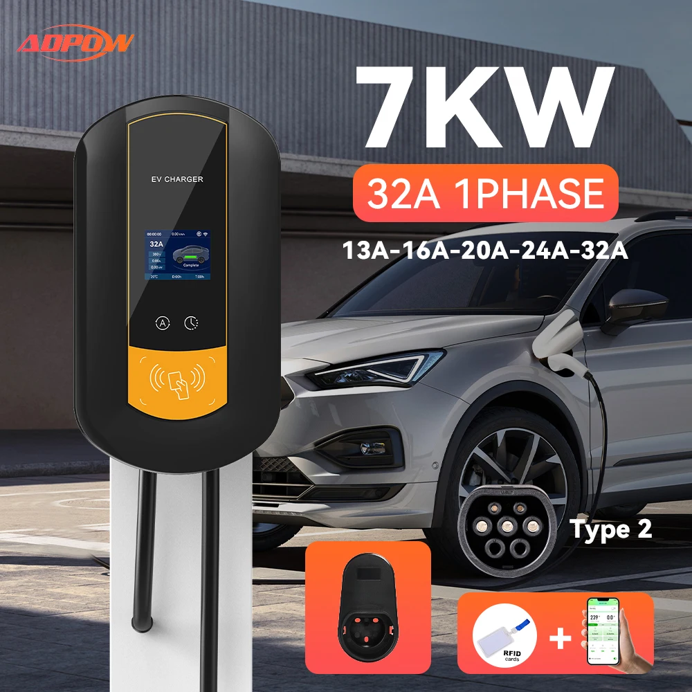 

ADPOW 7KW 32A Type2 Зарядное устройство для электромобилей Wallbox Регулируемый ток с управлением через приложение 11KW 16A 22KW Зарядная станция Type2 для электромобиля