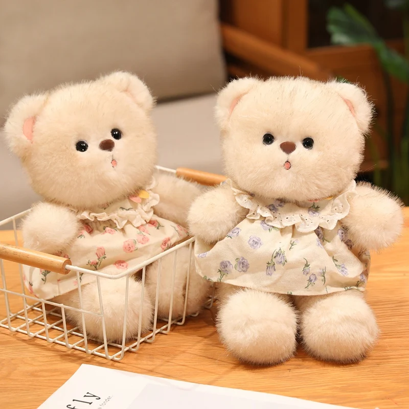 

Нежное платье с цветочным принтом, плюшевые игрушки, уютная пушистая мультяшная кукла-медведь, милая детская кукла, сладкий подарок для девочек