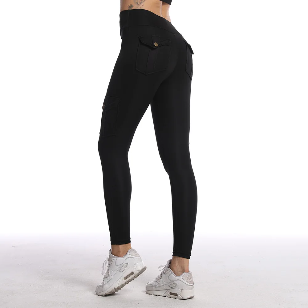 Atmungsaktive, hoch taillierte, hüfthebende Knopftasche, Sport, gebürstet, nackt, Yogahose, schlankmachende, enge Leggings, hochelastische Leggings – Detail 4