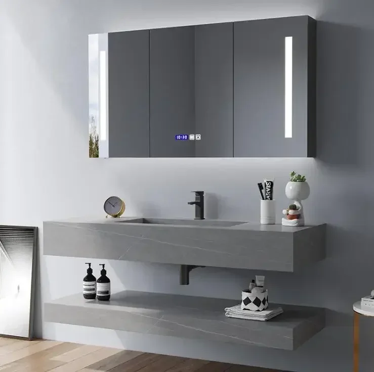 Modern Double Layers Wall Mount Wash Basin Cabinet Black Rock Slate Marble Sink Floating Bathroom Vanity