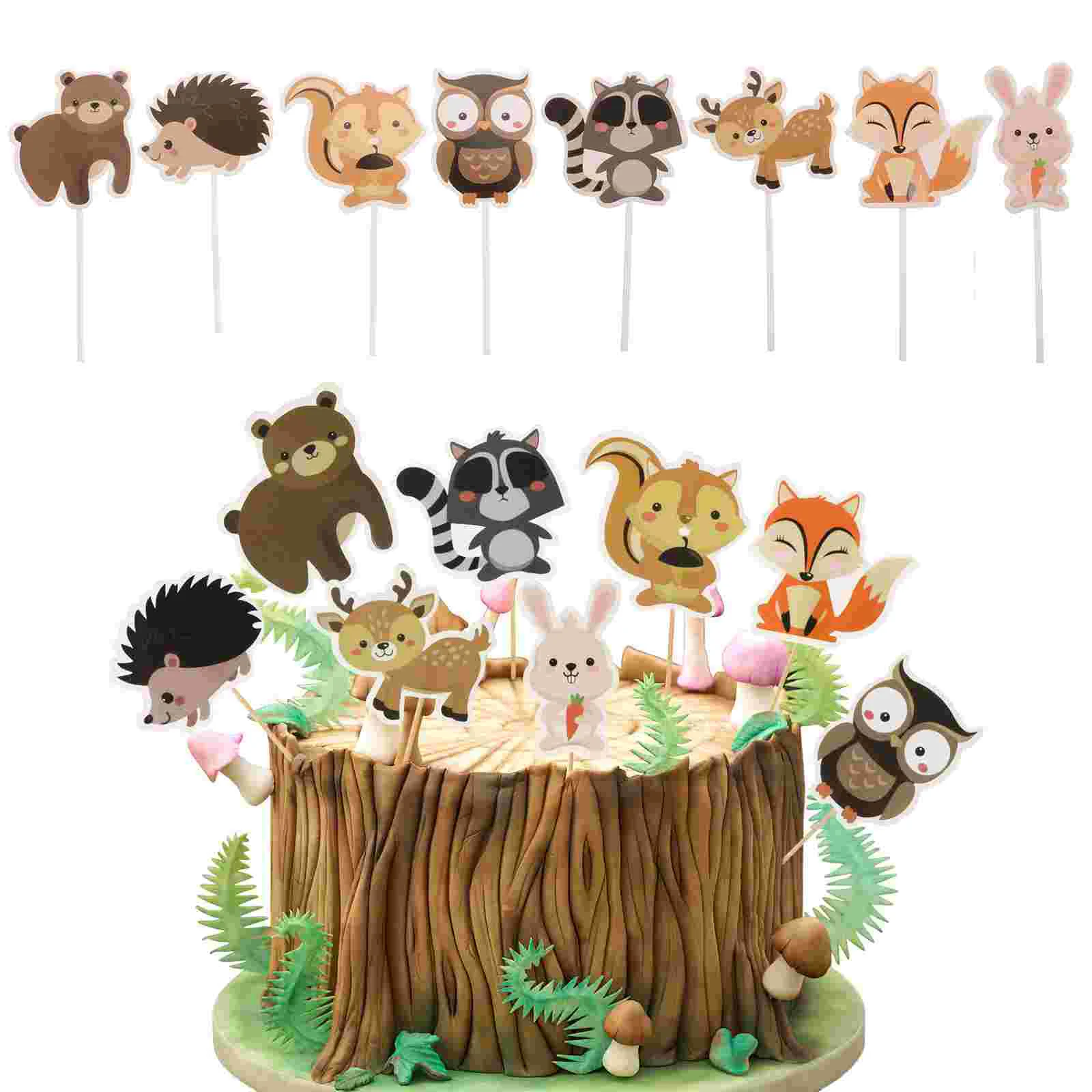 24 Pcs Cupcake Ornament Animal Decorations Creative Toppers Wooden Bamboo Woodland Animals Baby Child Cakes