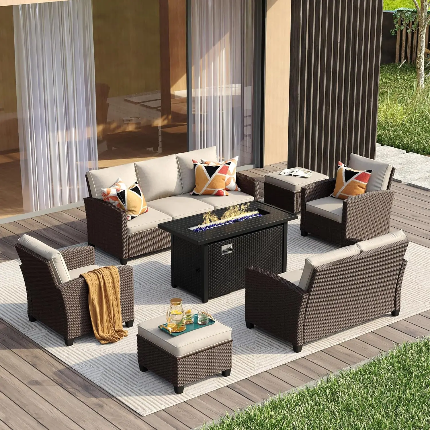 

7 Pieces Outdoor Furniture Set, Patio Rattan Conversation Sets With Metal Fire Pit Table, 3-Seat Sofa, Loveseat, Single Chairs
