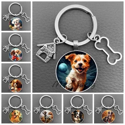 Cute cartoon dog convex glass keychain dog house and bone pendant key chain gift for dog lovers I love my dog keyring