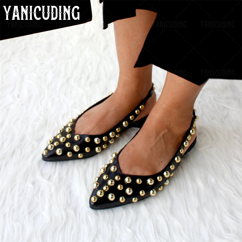 Metallic Beaded Pointed Toe Flats Black Patent Leather Elastic Band Flats Elegant Slip-On Comfortable Leather Shoes Custom Color