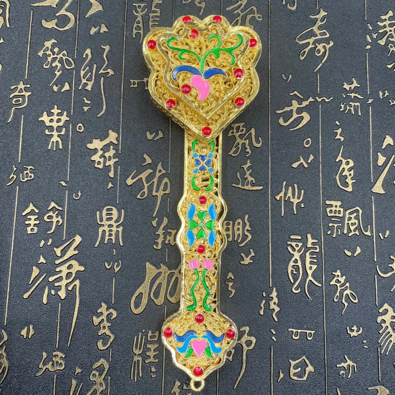 Antique-Style Handcrafted Auspicious Ruyi Handheld Piece with Gilt Hollow Carving and Inlaid Gemstone Ornament