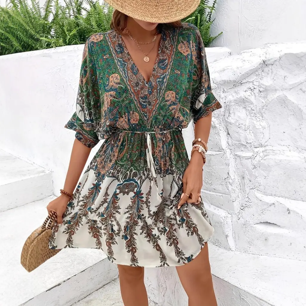 تنورة طويلة برقبة على شكل حرف V بتصميم عتيق على الطراز العرقي بخصر عالٍ وحاشية كبيرة فستان بوهيمي مزين بالزهور لأزياء نسائية الشاطئ