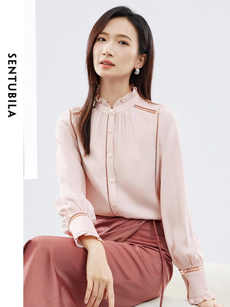 SENTUBILA Stand Collar Puff Sleeve Ladies Shirts & Blouse Hollow Out Straight Button Up Blouse 2024 Spring Womens Tops 141C52970