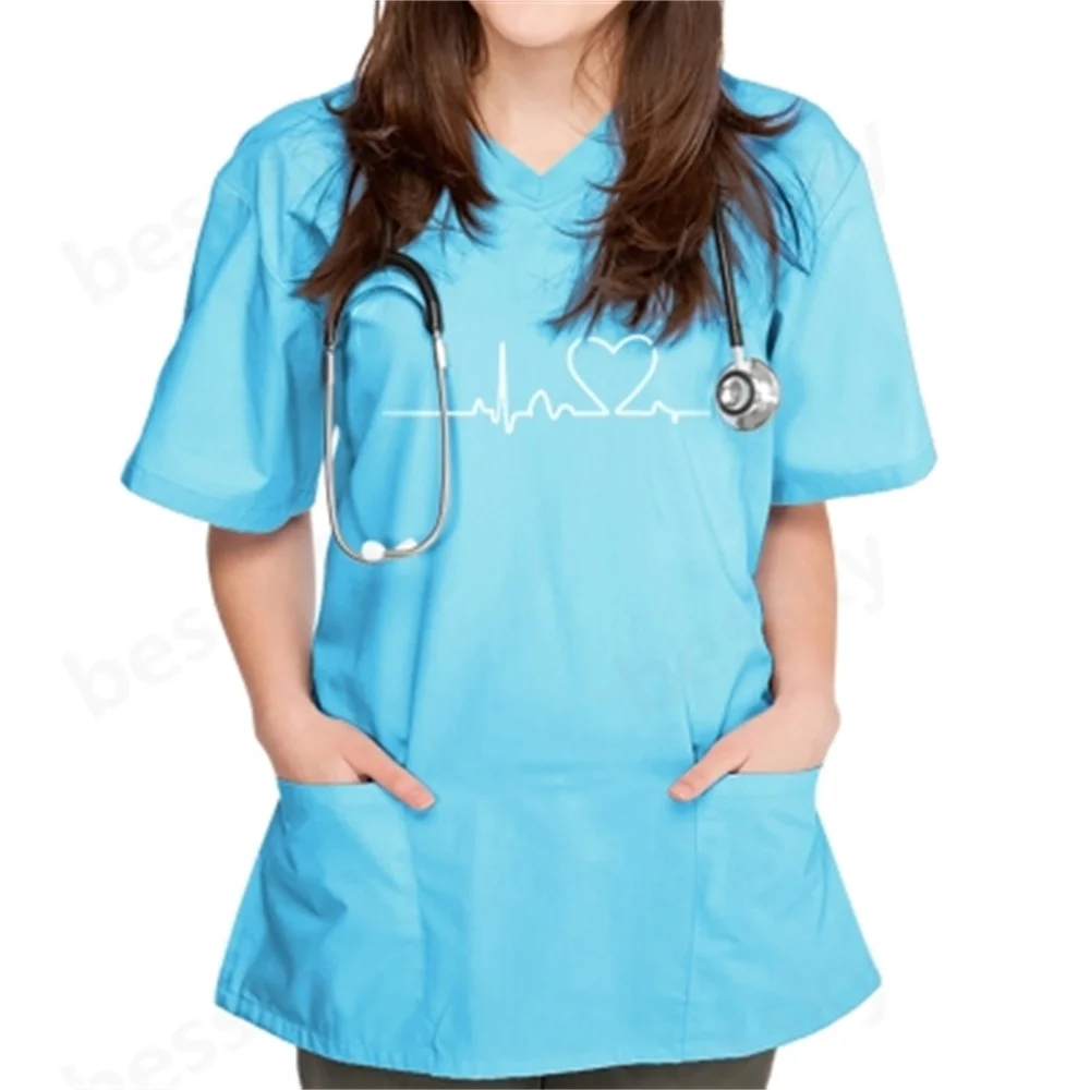 

Women's love short-sleeved V-neck pocket nurse top