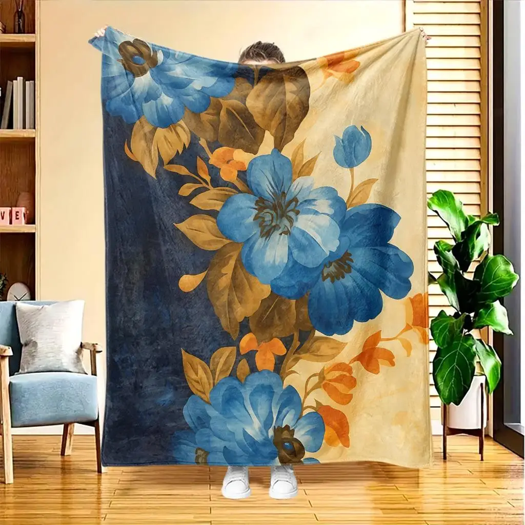 Oversized Blue Floral Watercolor Throw Blanket Decorative Sofa Bed Cover Giant Print Textile Home Decor Gift 150x230cm