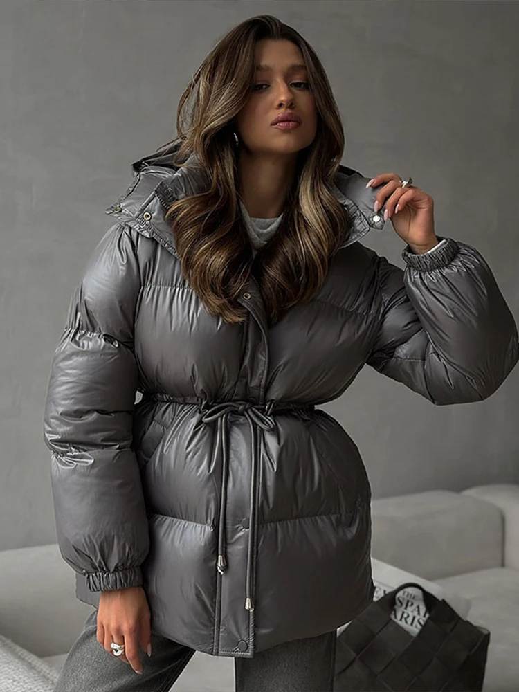 

Casual Hooded Cotton-padded Coat Women Drawstring Waist-Closed Solid Zipper Jacket Lady 2025 Winter Chic Female Street Outerwear