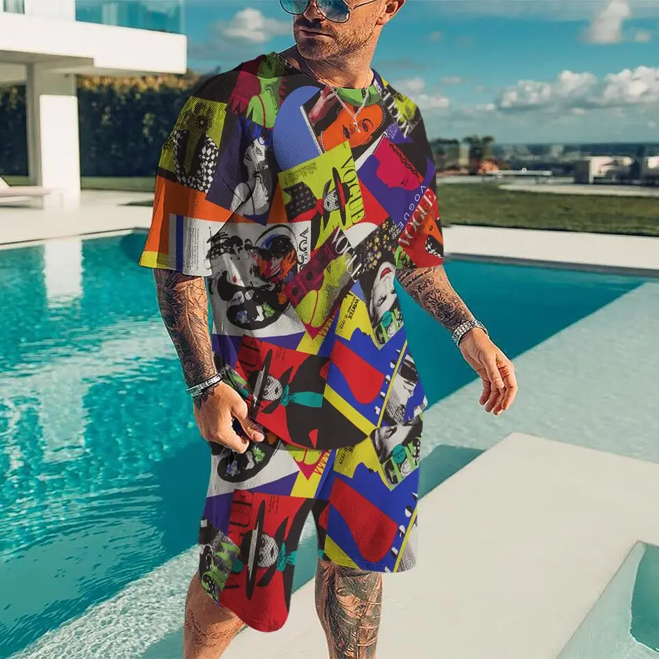 

T-shirt shorts set fashionable high-quality breathable short-sleeved 3D printed men's sportswear jumper men's street wear set