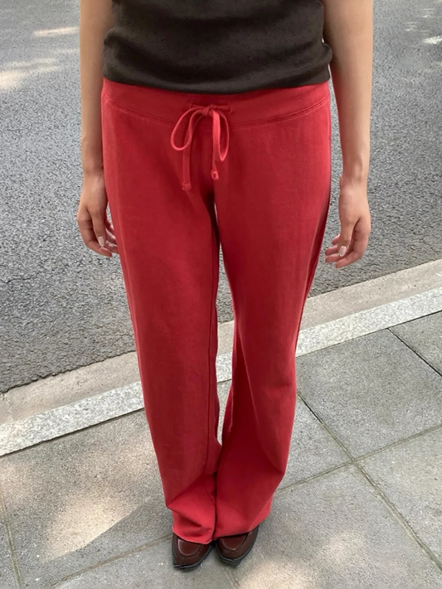 Red Drawstring Sport Sweatpant Woman Autumn Raw Hem Low Waist Straight Long Pants Vintage Streetwear Cotton Casual Trousers New