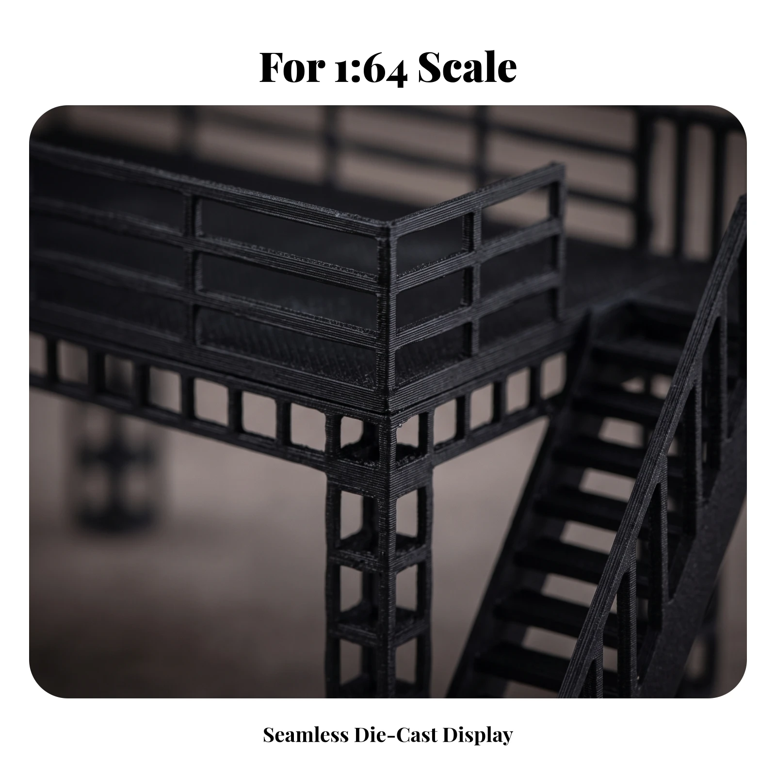 Two-Level Display Platform with Staircase Matte Black Miniature Car Display Stand with Guardrails 1/64 Staircase Model Realistic