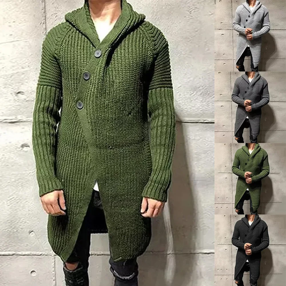 Autumn/Winter New Sweater Men Mid Length Hooded Knitted Cardigan Coat for Men