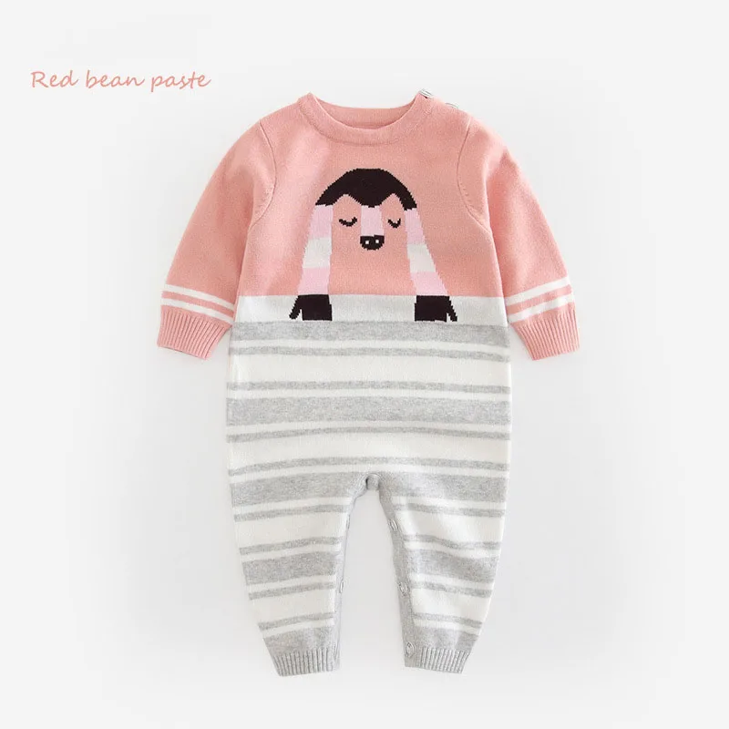 

Ins Spring Autumn Baby Girls Romper Cotton Knitted Spliced Newborn Girls Onesies Striped Infant Girls Jumpsuit 3 Colors Choices