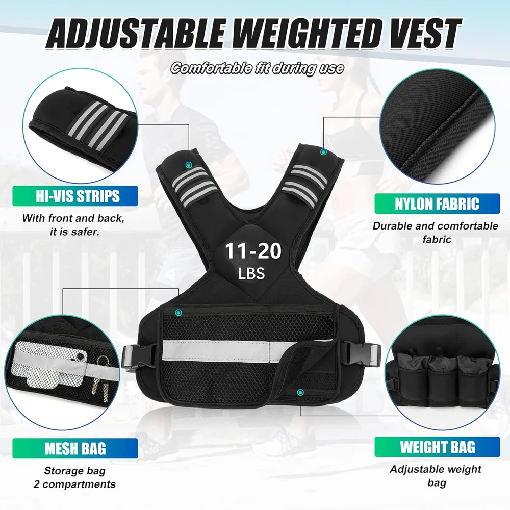 1PCS Adjustable Weighted Vest, 11-20lb Rucking Vest for Women & Men with 6 Weights & Large Pocket, Weight Vest for Running, Walk