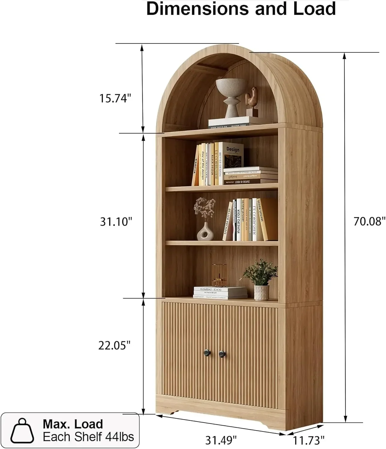 70 Inch Arched Bookcase 6 Tier Bookshelf with Door Freestanding Display Storage Cabinet Farmhouse Shelves for Living Room Bedroo