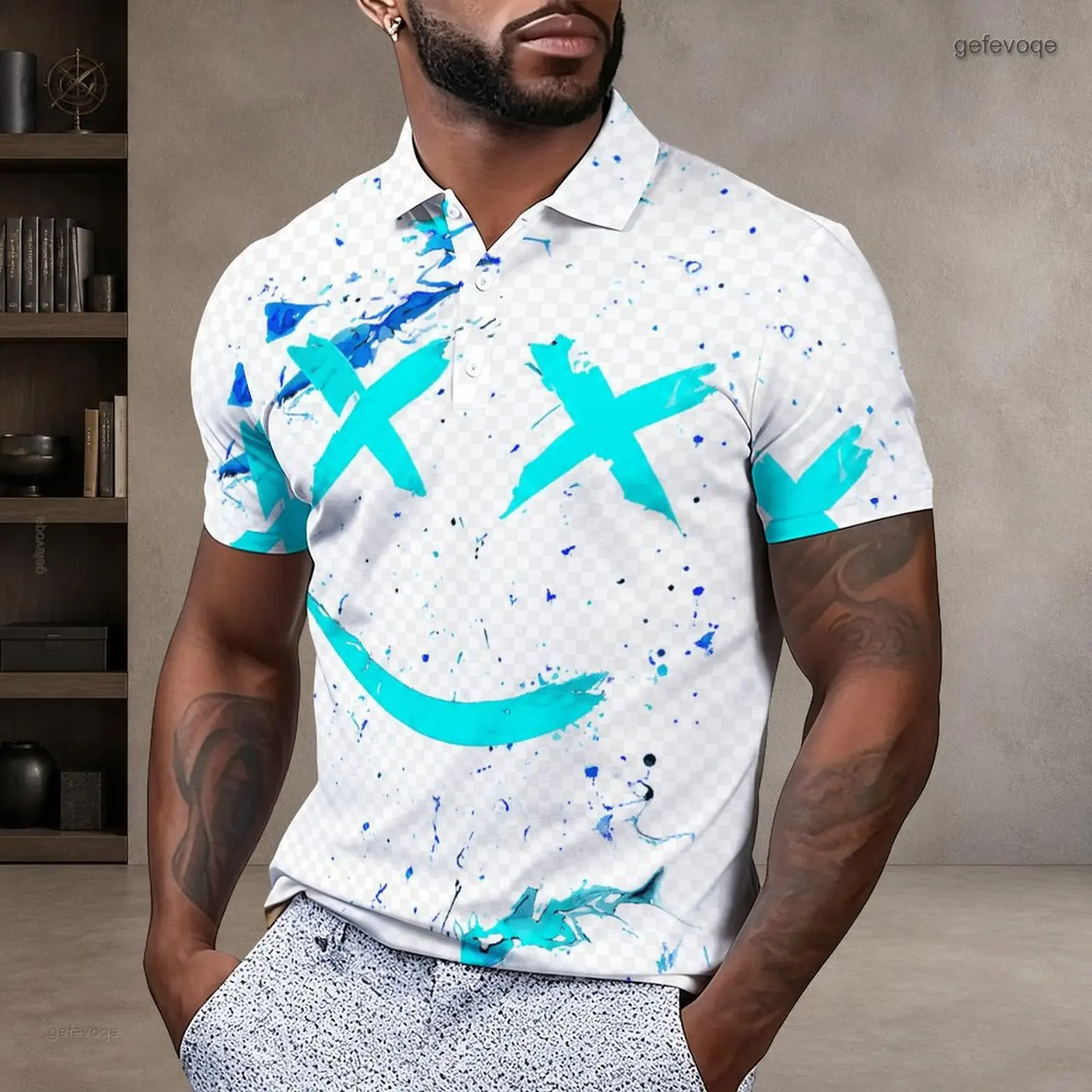 Men Printed Polo Shirt Short Sleeve Collared Neck Button Placket
