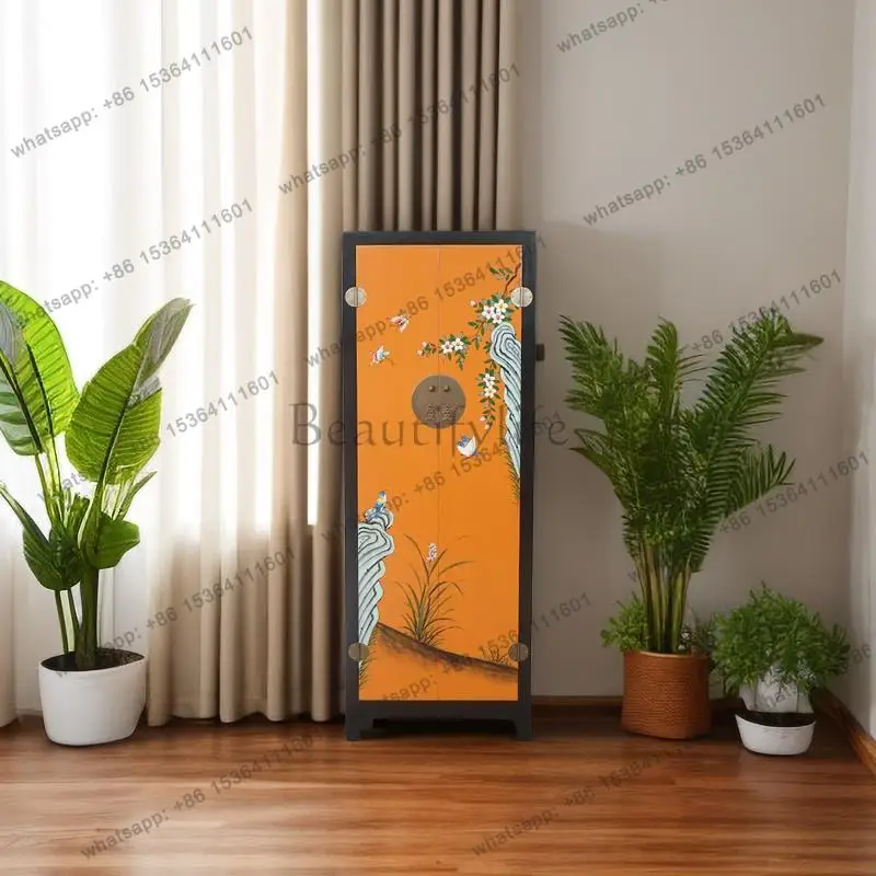 Chinese orange and black flower and bird painted wardrobe solid wood furniture classical coat cabinet
