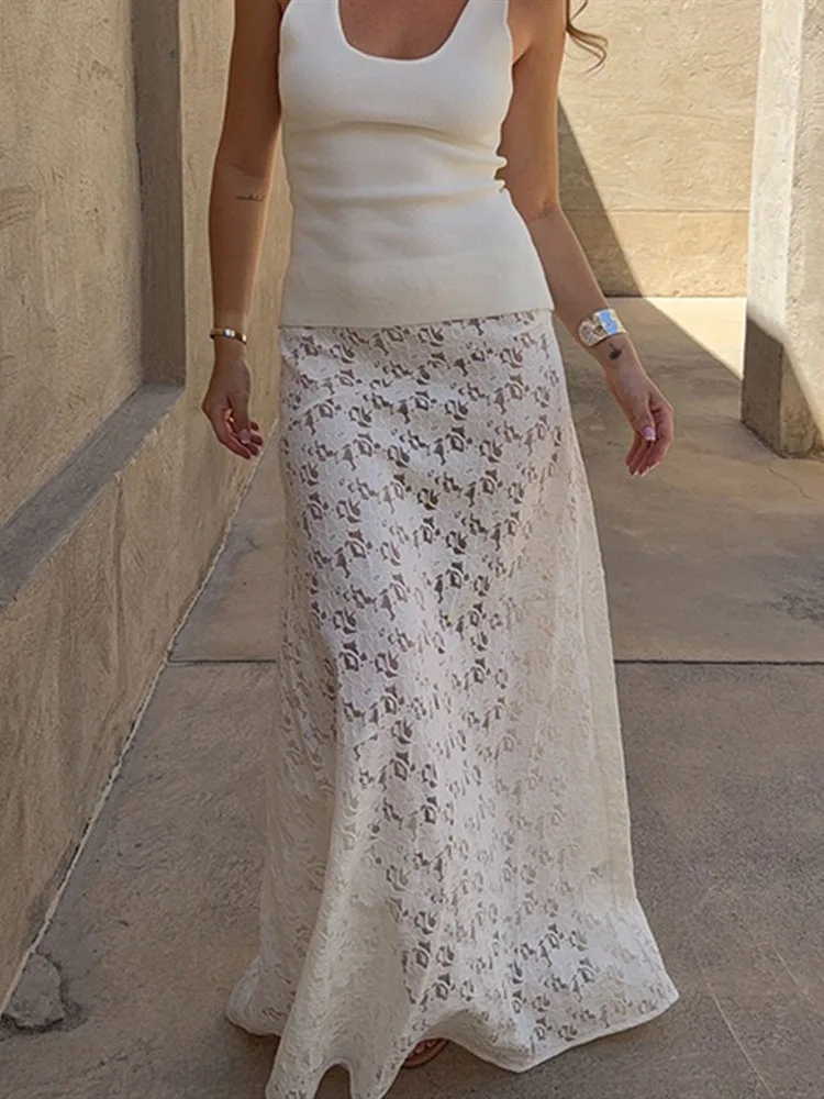 

Однотонная прозрачная кружевная макси-юбка трапециевидной формы для женщин, струящаяся длинная юбка, элегантная прозрачная накидка, пляжная одежда для отпуска, уличная одежда