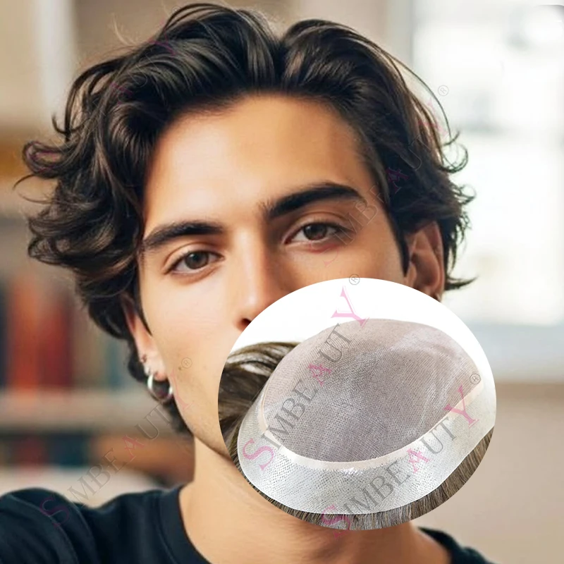 

30mm Wavy Men's Toupee Human Hair Prosthesi Mono Lace PU Based Durable Undetectable Human Hair Replacement System Male Hair Loss