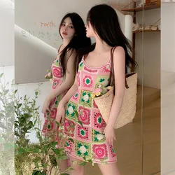 Summer Beach Vacation Fashion Backless Sleeveless Knitted Hollow out Hook Flower Dress High Waist A-Line Korean Style