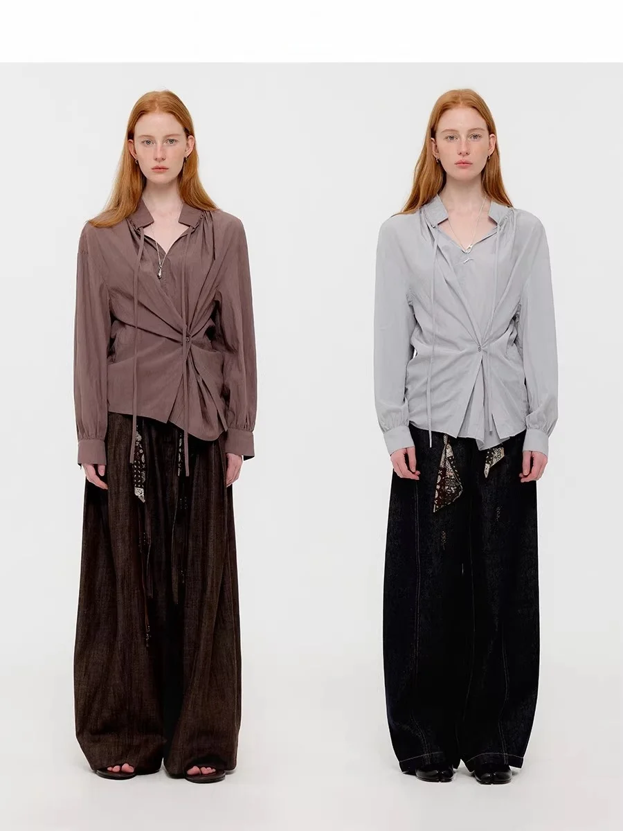 

CHACHA Asymmetric Design Long Sleeve Shirt Women's Spring Autumn Waist Cinched Stand Collar Tie Belted Loose Fit Casual Shirt