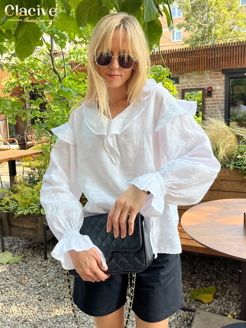 

Clacive Spring Loose White Cotton Women's Blouse 2026 Fashion V-Neck Long Sleeve Shirts Elegant Classic Solid Top Female Clothin
