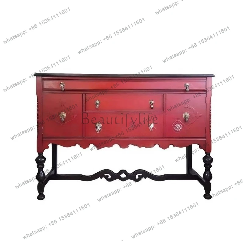 

2026 French solid wood retro porch cabinet American foyer wall decorative chest