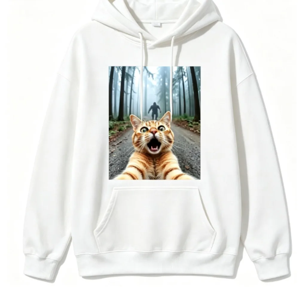 Scared Cat Selfie Chased By Bigfoot Meme Graphic Hoodie Funny Forest Orange Cat Print Oversized Cotton Pullover Drawstring