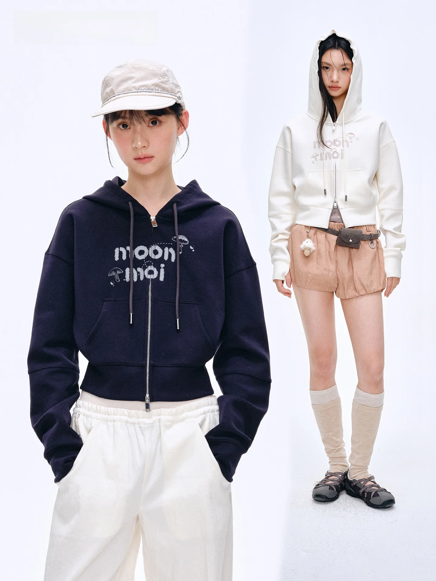 

Moonmoi Paddington Night American Retro Hooded Waist Cinching Double Zipper Casual Short Sweatshirt Jacket Women's Fashion