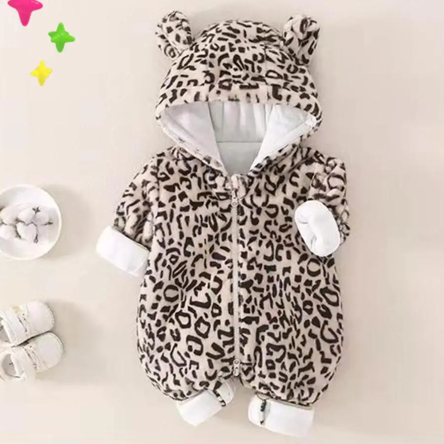 Infant Girls Leopard Print Romper Hooded Long Sleeved Plush Jumpsuit Boys Winter Warm Bodysuit Clothes Newborn Outwear