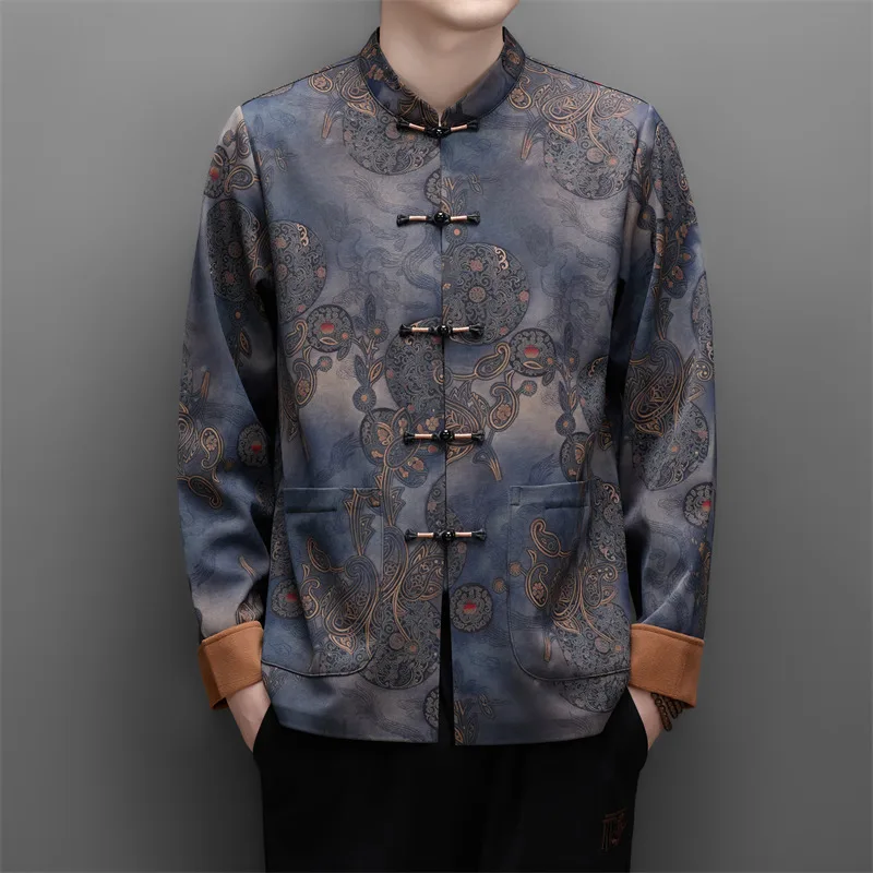 Chinese Style Fleece Print Shirts For Men Long Sleeve Frog Button Winter Thick Quality Tang Costume Breathable Camisas De Hombre