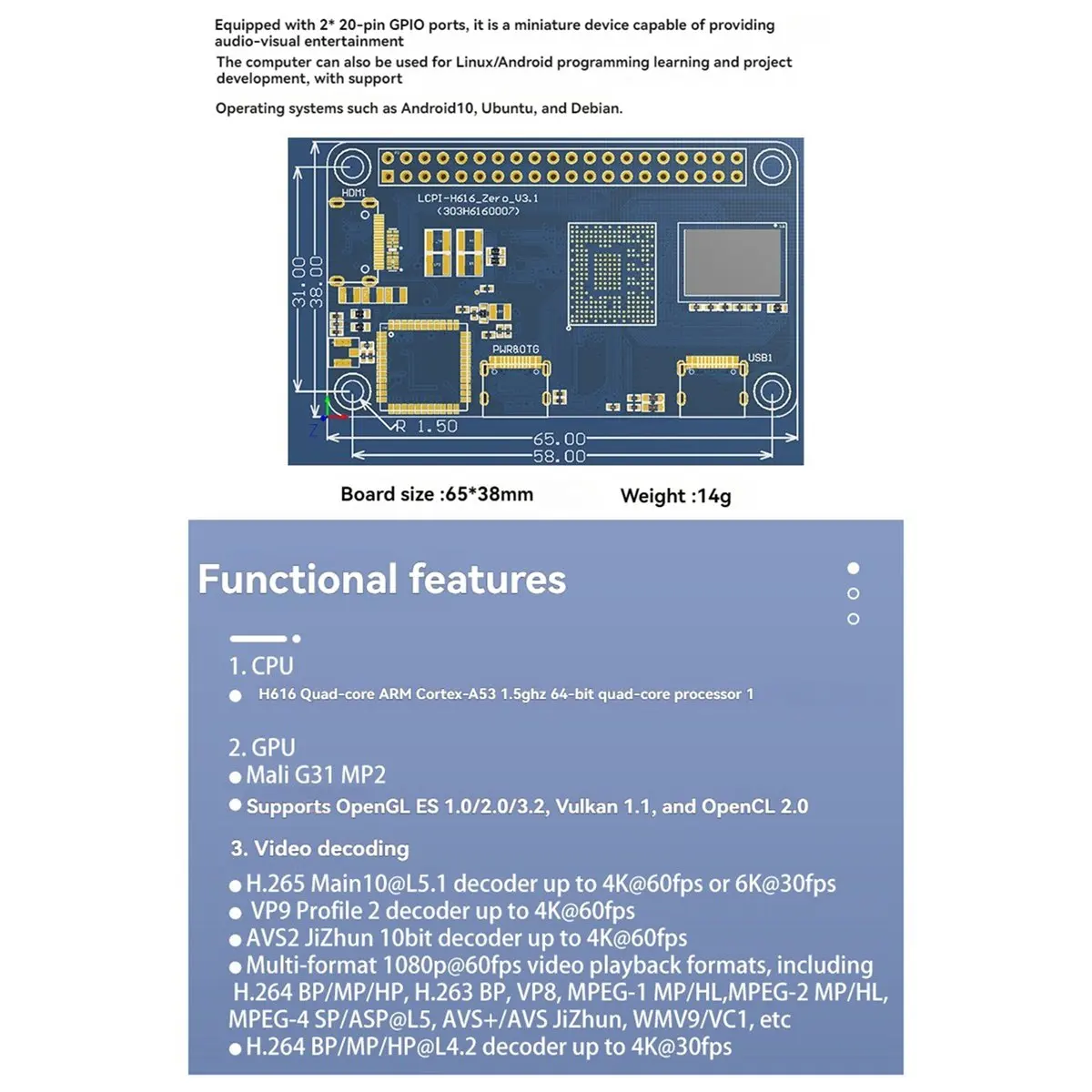 A26Z For Allwinner H616 ZERO Development Board 512M ARM Motherboard Supports 4K/60fps TV Box Module for OTT