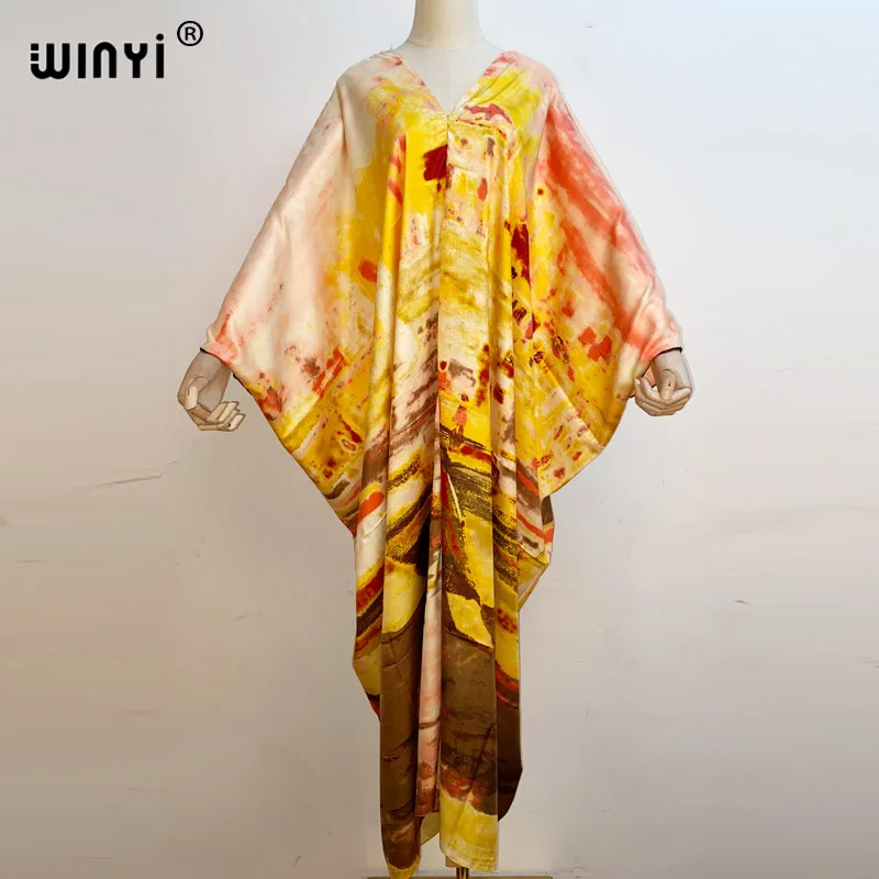 

WINYI 2020 Spring V-neck African Vintage Maxi Dress Women's Fashion Batwing Sleeve Flower Print Loose holiday partyMaxi Dresses