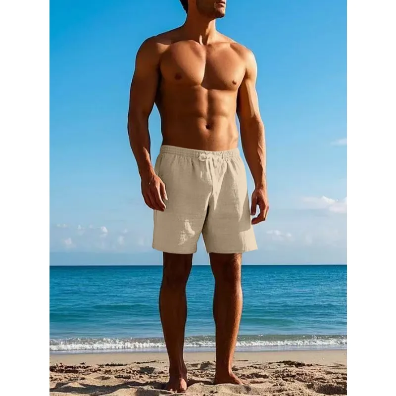 Men's Linen Shorts Pants Solid Color Pants Breathable Beach Pants Casual Five-point Pants