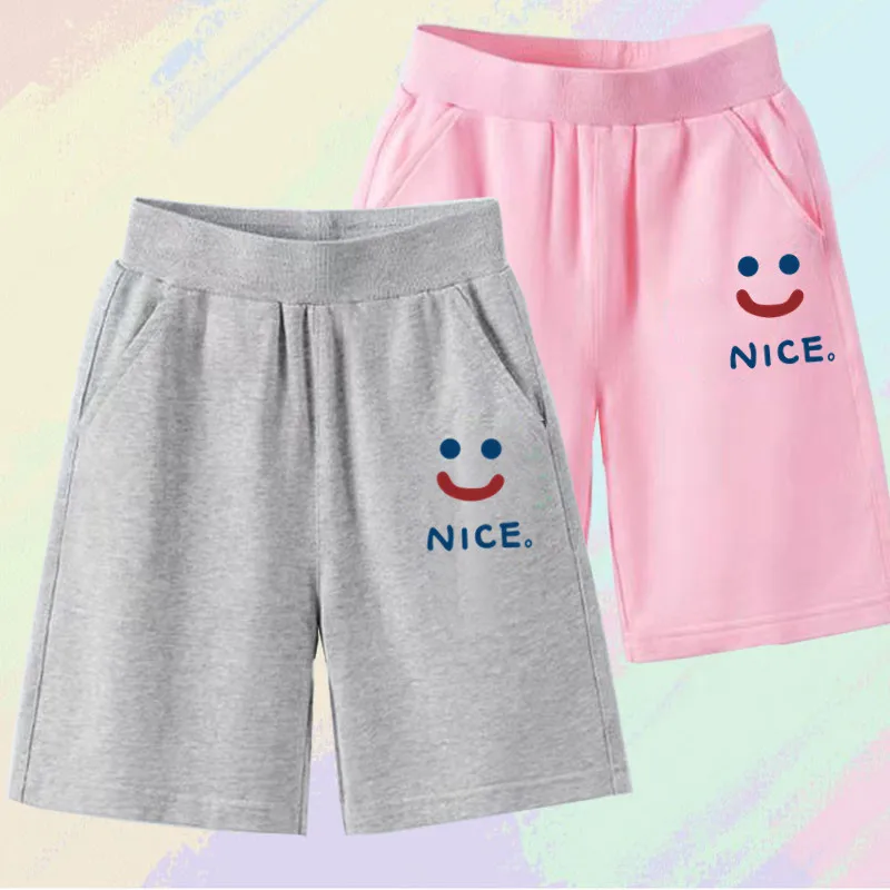 3-14 Yrs Kids Trousers Knee Lenth Shorts Pink Color Girls Summer Loose Short Pants Teens Smile Print Five-Point Pants