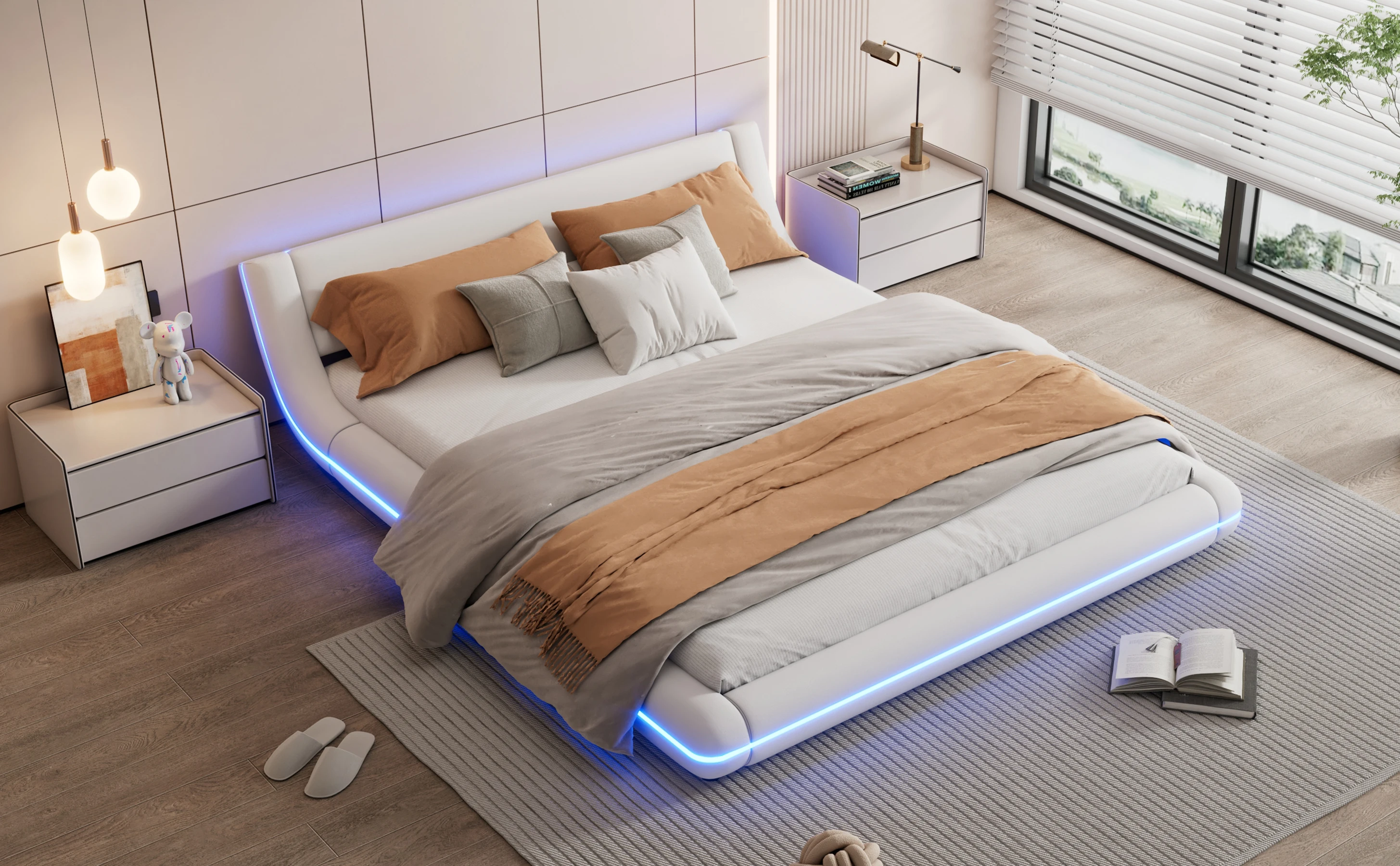 Lit LED pleine grandeur 160 x 200 cm, lit plat, lit au sol, PU, lumière ambiante LED, télécommande 24 boutons, blanc