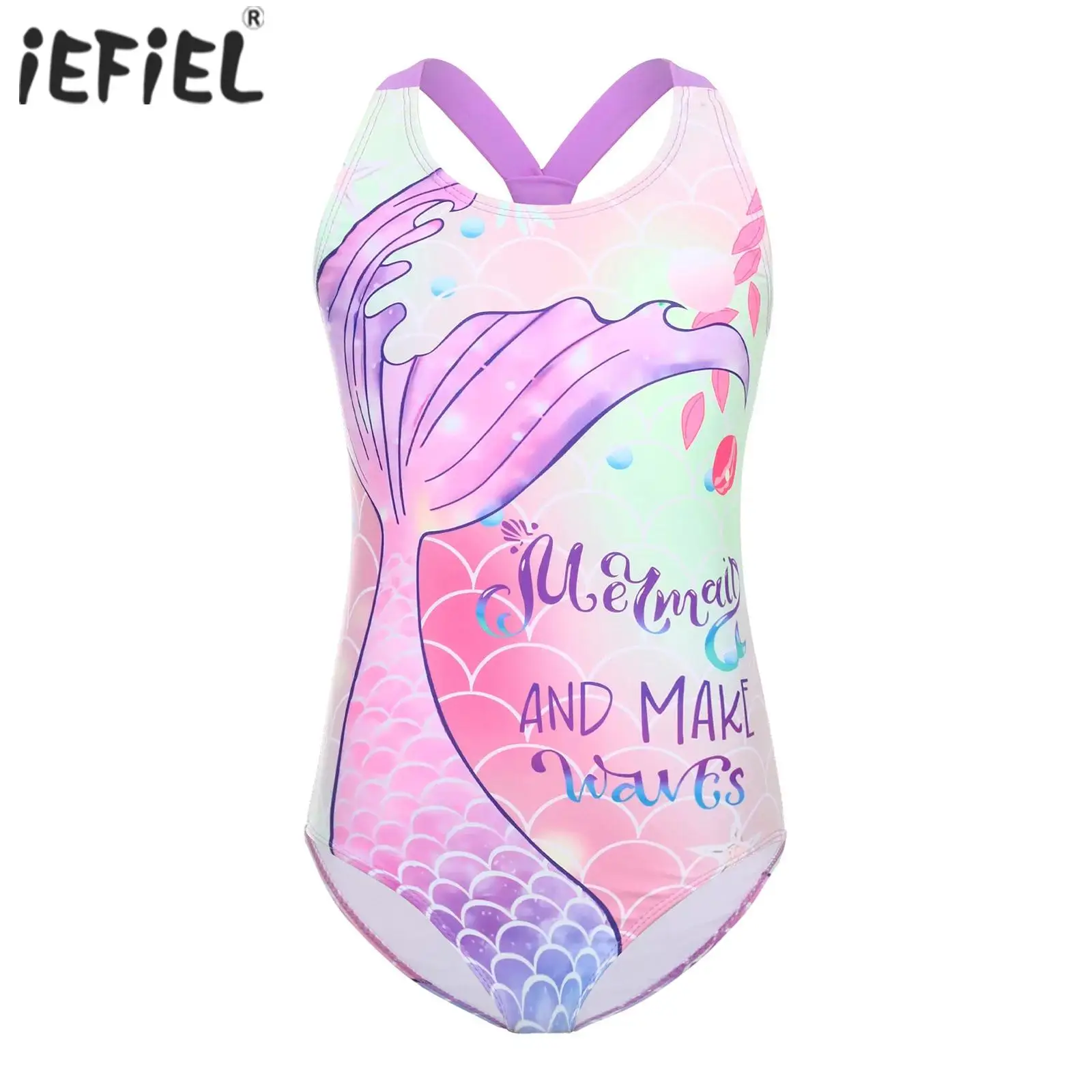 Kids Girls Swim Leotard One-Piece Swimsuit Bathing Suit Cross Back Sleeveless Fish Scale Printed Beachwear Swimwear Bodysuit