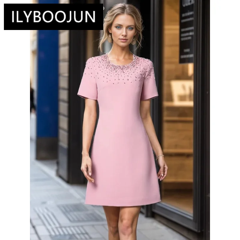 

ILYBOOJUN Solid Spliced Diamonds Loose Minimalist Dresses For Women O Neck Short Sleeve High Waist Casual Dress Female New