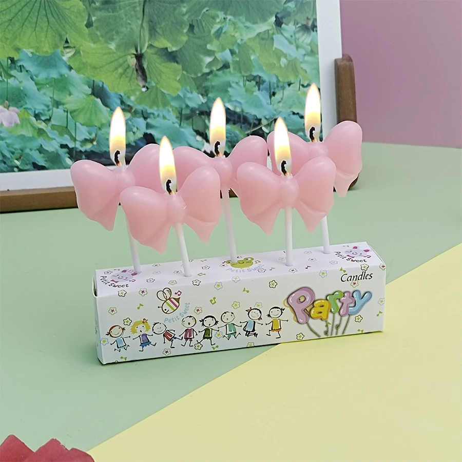 Bow Happy Birthday cake Candle Pink Silver Cute Creative Princess Party Cake Decoration Girl Birthday Decoration