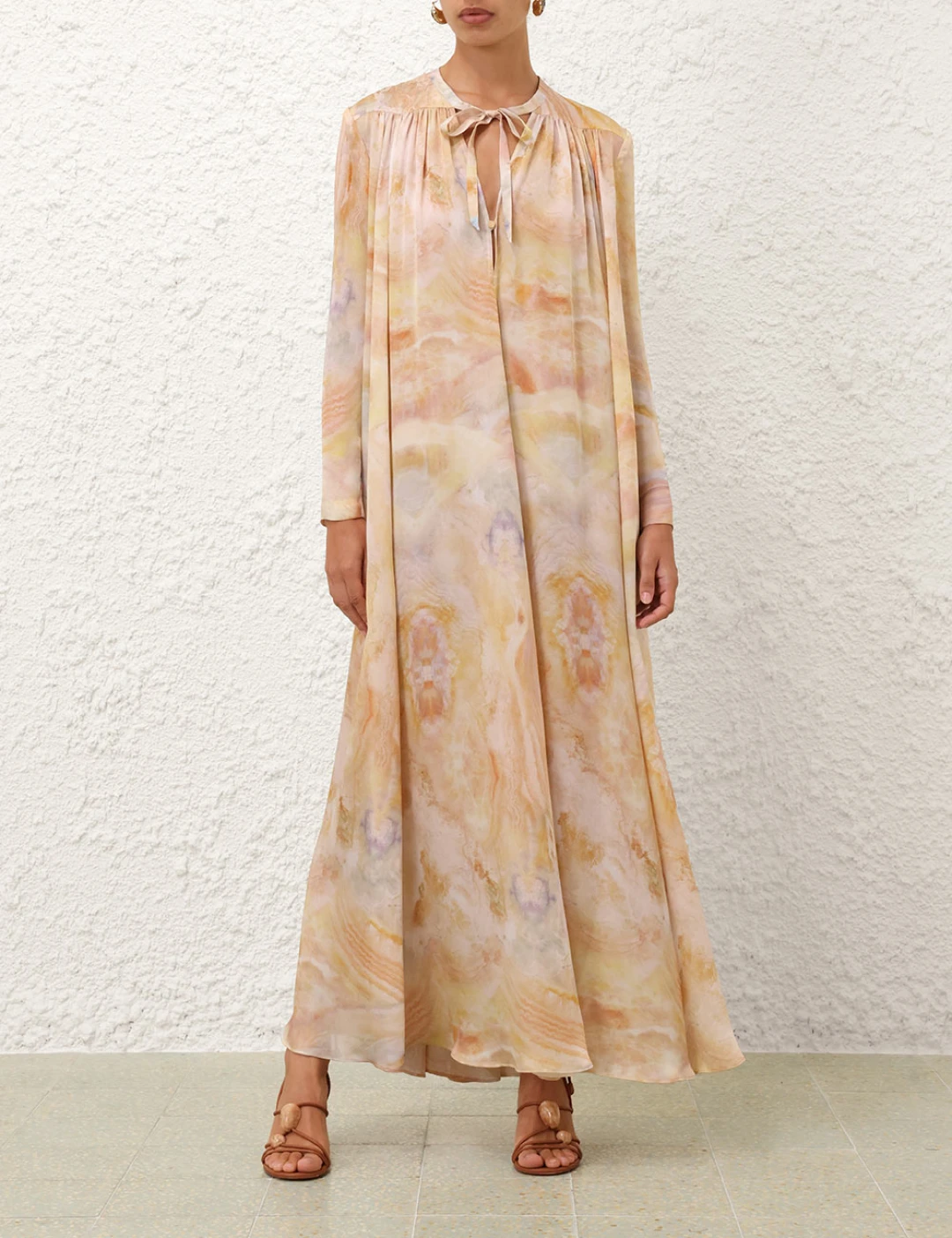 

Pure Silk 2025 Beach Style Holiday Loose Mixed Color Full Sleeve Women High Quality Long Dress