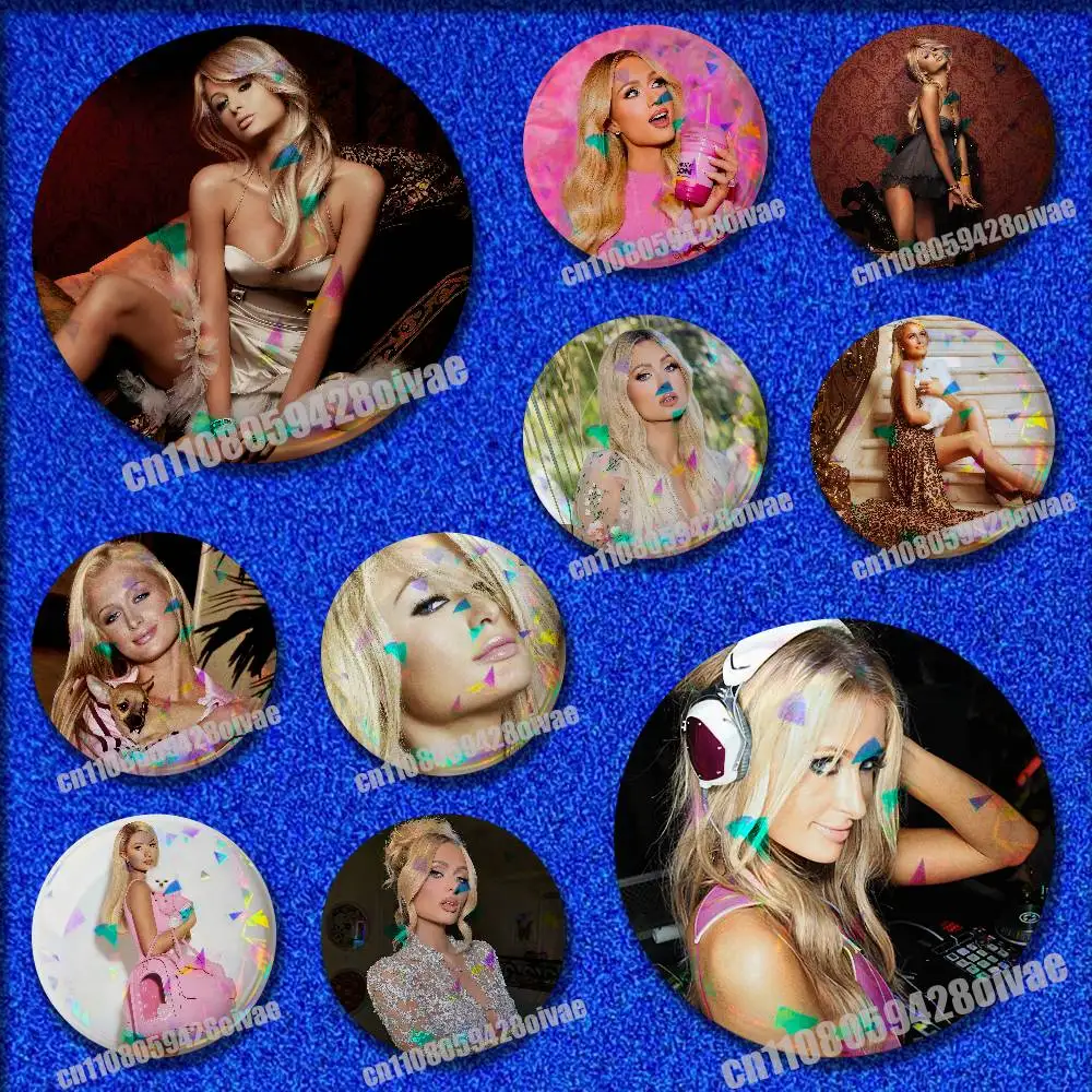 

For P-Paris Hilton Emblem Round Pins Insignia Badge Case Clothes Hats 32mm Ornament Brooch Button