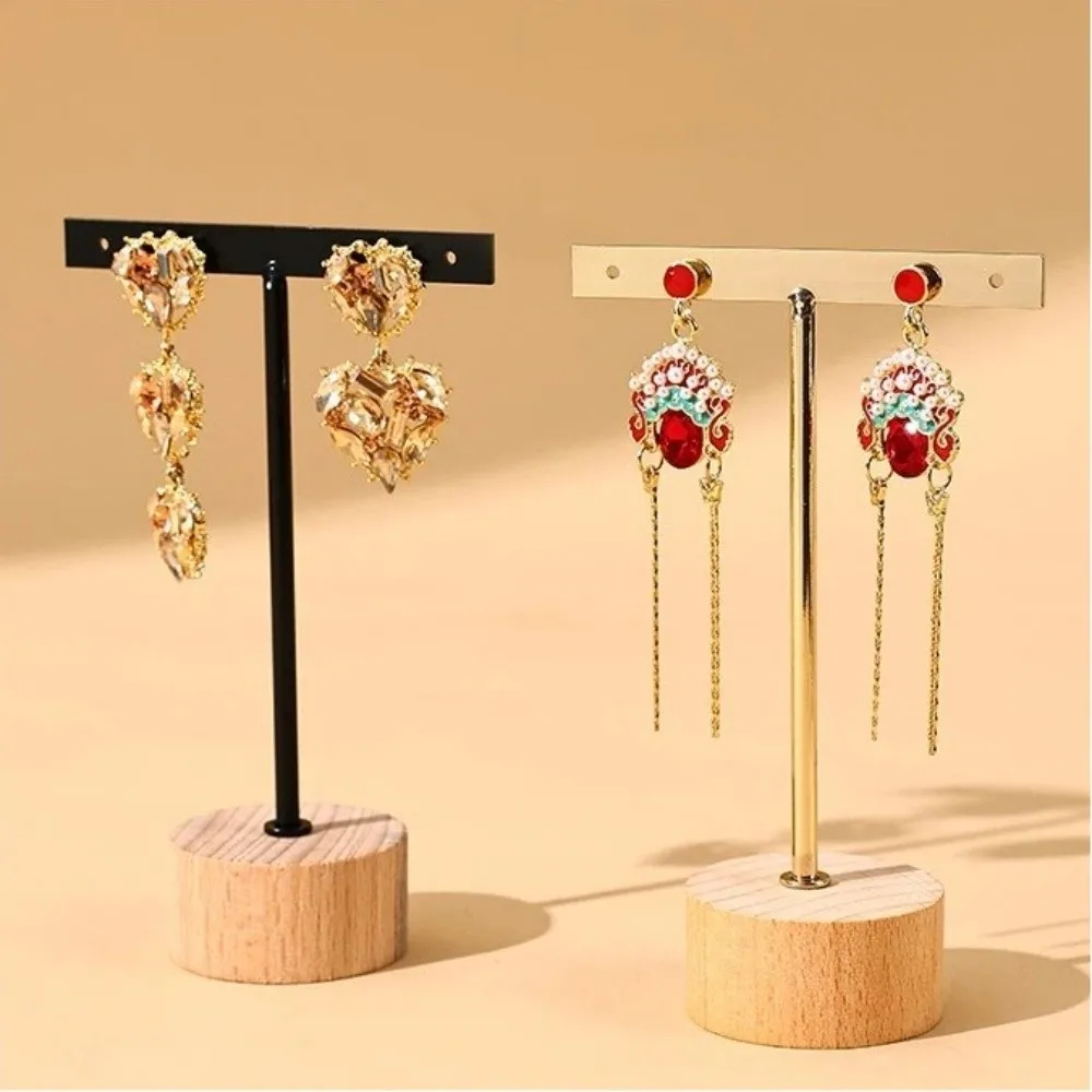 T-Bar Jewelry Display Rack Photography Props Desktop Earring Display Stand With Wooden Base Earrings Hanging Organizer Earring