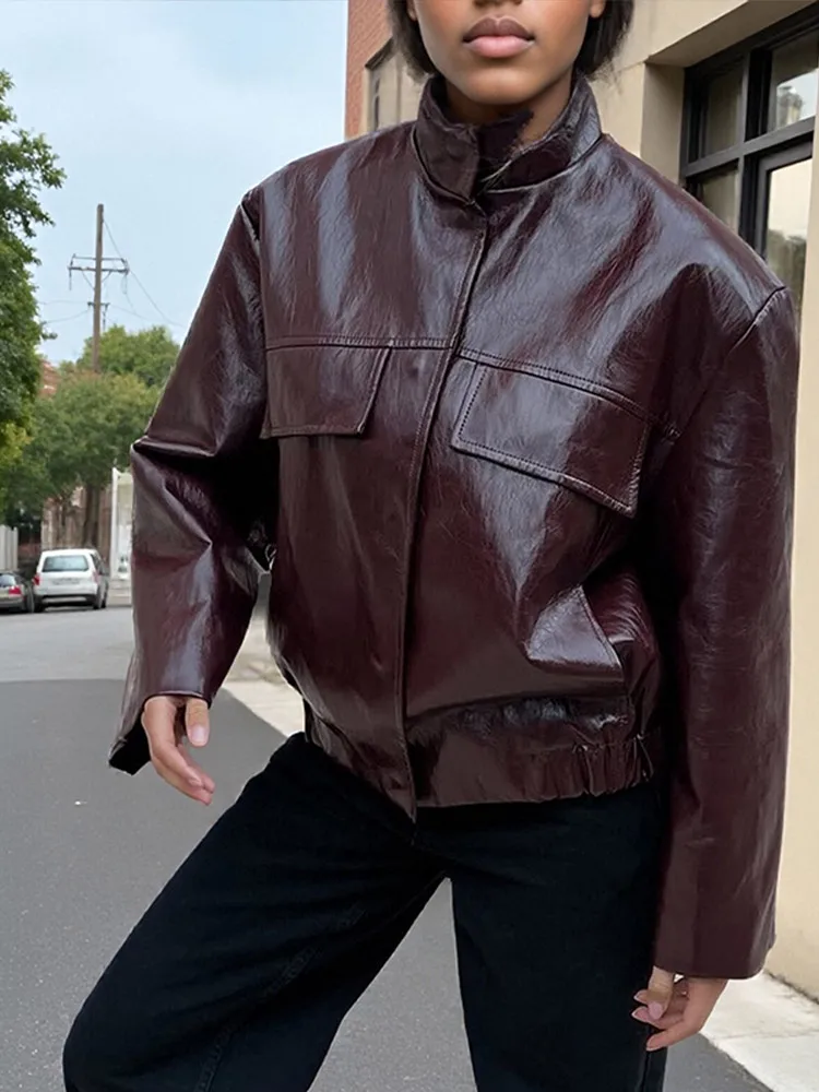 Women Casual Sequin Leather Jacket Fashion Solid Stand Collar Full Sleeve Short Loose Coat 2025 Autumn Daily Commute Office Wear