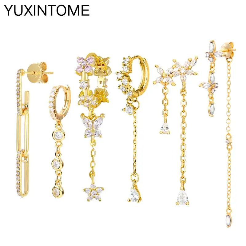 925 Sterling Silver Needle Fashion White Zircon Gold Earrings for Women Chain Tassel Geometry Pendant Earrings Luxury Jewelry