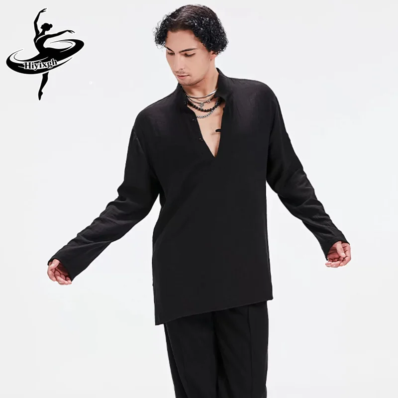2027 Professional Latin Dance Performance Costumes For Men Loose Shirts Rumba Ballroom Practice Wear Latin Dance Tops   XH3597