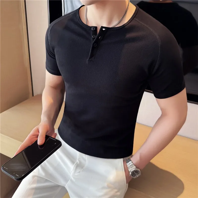 Men's Slim Fit Henley T-Shirt - Summer Short Sleeve Rib Knit Gym Workout Top | Stretchy Bodybuilding Muscle Tee for Fitness view 5