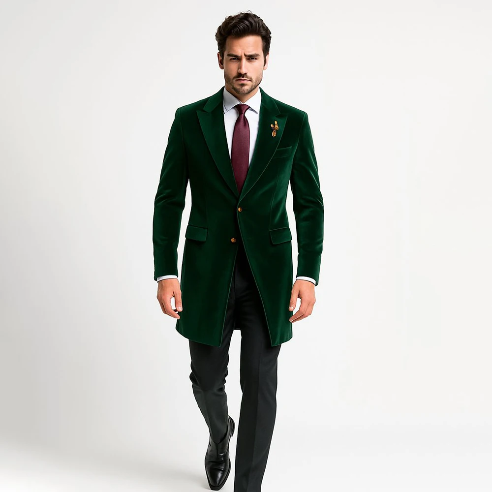 

Luxury Men's Suits Fashion Single Breasted Peak Lapel Blazer Green Velvet Jacket with Black Pants Wedding 2 Piece Full Sets